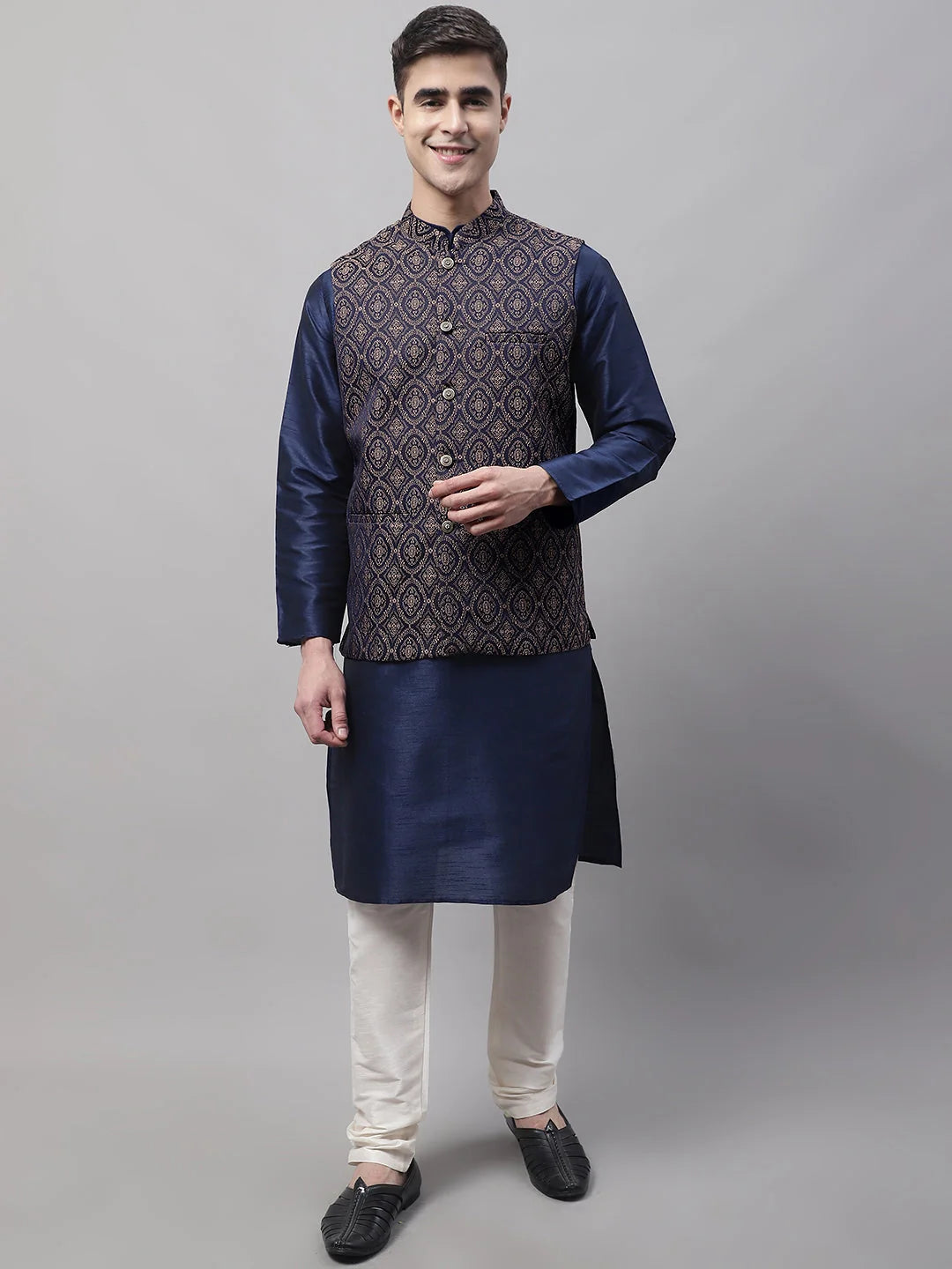 Navy Blue Kurta Pyjama Set with Brown Nehru Jacket | Mens Kurta