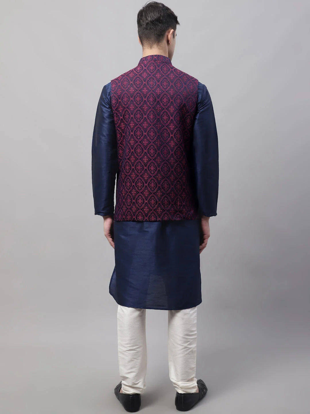 Navy Blue Kurta Pajama Set with Maroon Nehru Jacket | Mens
