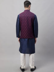 Men Navy Blue Solid Kurta Pyjama with Maroon Woven Design Nehru Jacket
