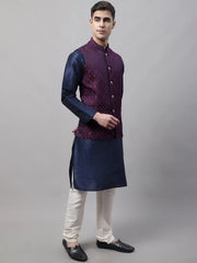 Men Navy Blue Solid Kurta Pyjama with Maroon Woven Design Nehru Jacket