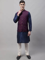 Men Navy Blue Solid Kurta Pyjama with Maroon Woven Design Nehru Jacket
