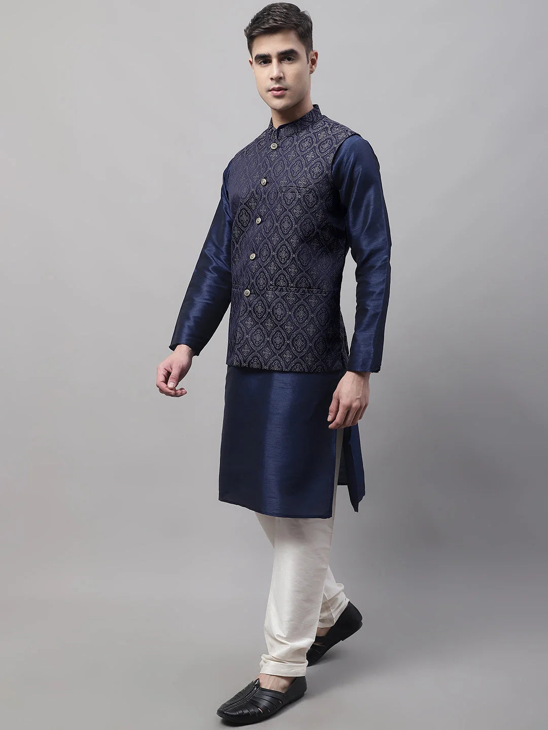 Navy Blue Kurta Pajama Set with Silver Nehru Jacket | Mens