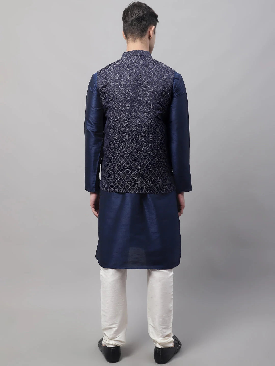 Navy Blue Kurta Pajama Set with Silver Nehru Jacket | Mens