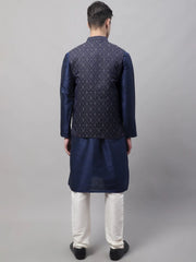 Men Navy Blue Solid Kurta Pyjama with Silver Woven Design Nehru Jacket