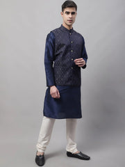 Men Navy Blue Solid Kurta Pyjama with Silver Woven Design Nehru Jacket