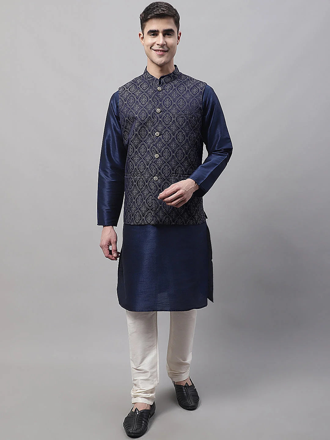 Navy Blue Kurta Pajama Set with Silver Nehru Jacket | Mens