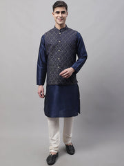 Men Navy Blue Solid Kurta Pyjama with Silver Woven Design Nehru Jacket