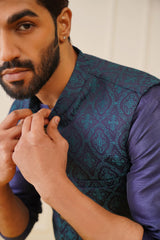 Men Navy Blue and Green Woven Design Waistcoats-JOWC-4072