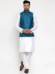 Men's Solid Dupion Kurta Pajama Woven Nehru Jacket
