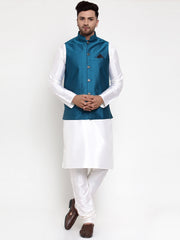 Men's Solid Dupion Kurta Pajama Woven Nehru Jacket