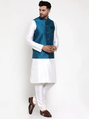 Men's Solid Dupion Kurta Pajama Woven Nehru Jacket