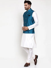 Men's Solid Dupion Kurta Pajama Woven Nehru Jacket