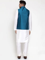 Men's Solid Dupion Kurta Pajama Woven Nehru Jacket