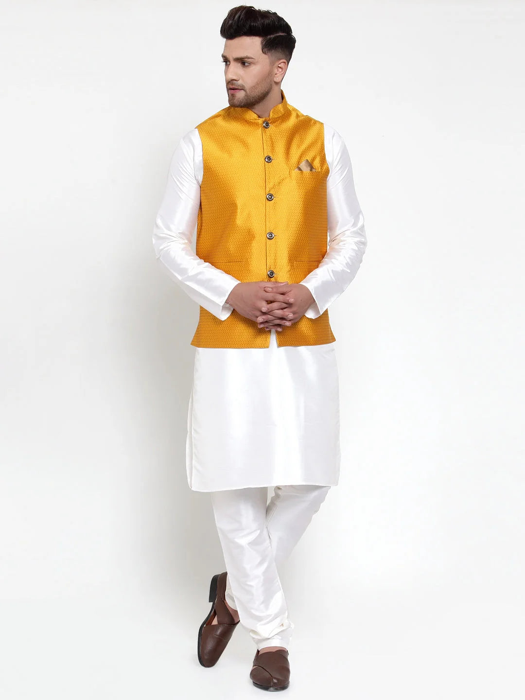 Men's Solid Dupion Style Kurta Pajama with Woven Nehru Jacket