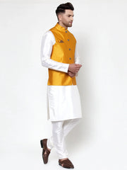 Men's Solid Dupion Style Kurta Pajama with Woven Nehru Jacket