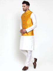 Men's Solid Dupion Style Kurta Pajama with Woven Nehru Jacket