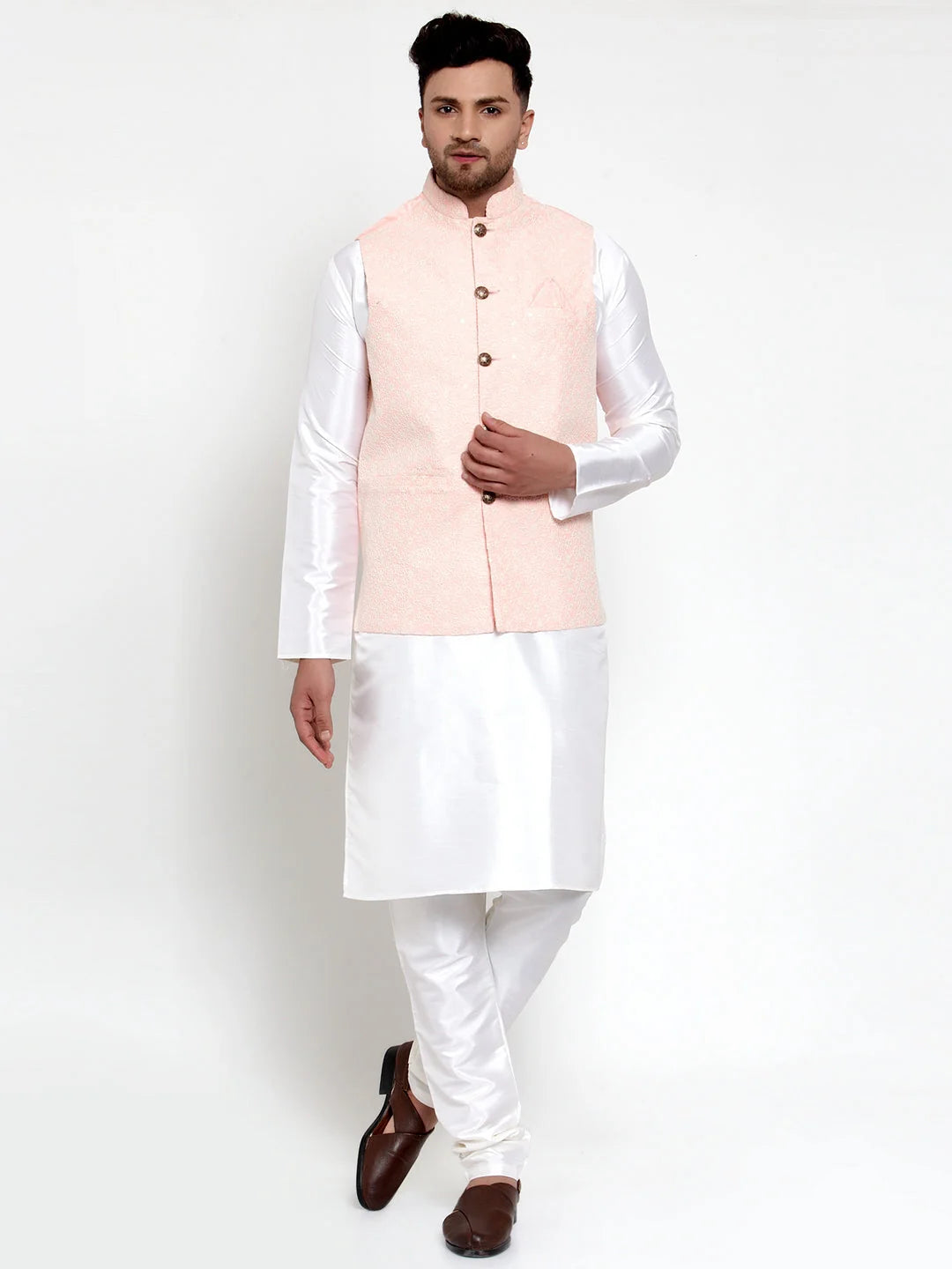 Men Solid Dupion Kurta Pajama with Embroiderd Nehru Jacket