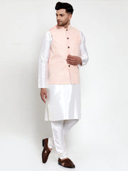 Men Solid Dupion Kurta Pajama with Embroiderd Nehru Jacket