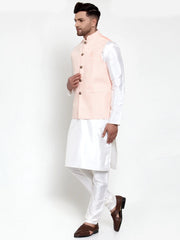 Men Solid Dupion Kurta Pajama with Embroiderd Nehru Jacket