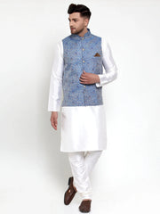 Men's Solid Dupion Kurta Pajama Woven Jacqaurd Nehru Jacket