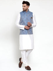 Men's Solid Dupion Kurta Pajama Woven Jacqaurd Nehru Jacket