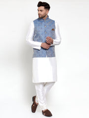 Men's Solid Dupion Kurta Pajama Woven Jacqaurd Nehru Jacket