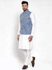 Men's Solid Dupion Kurta Pajama Woven Jacqaurd Nehru Jacket
