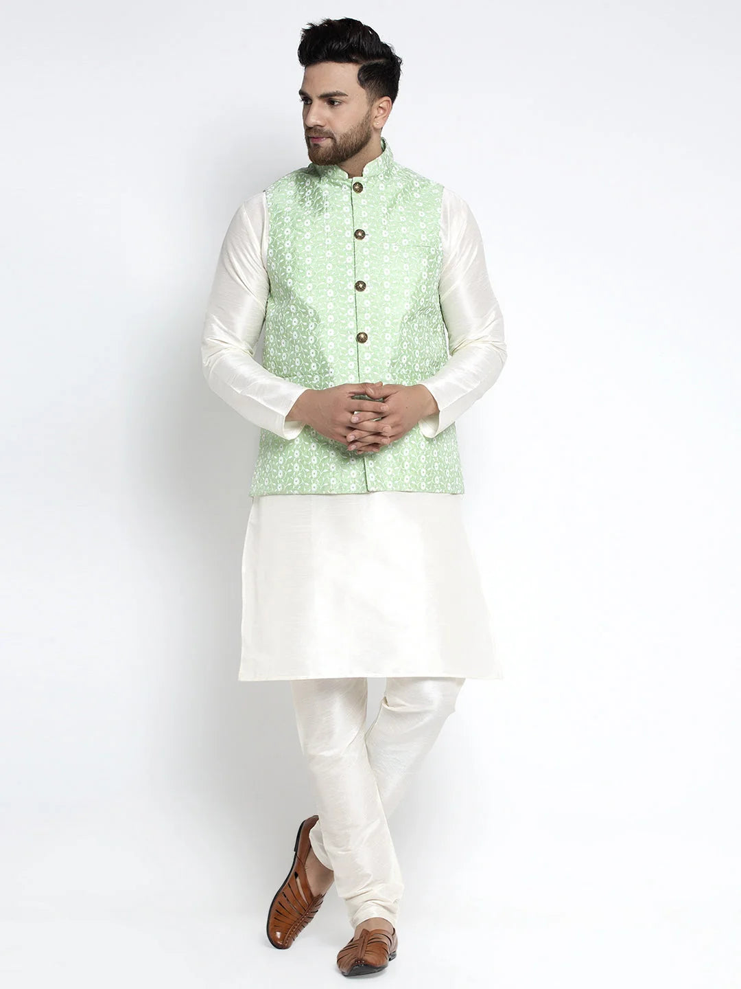 Men's White Dupion Kurta Payjama with Embroidered Waistcoat
