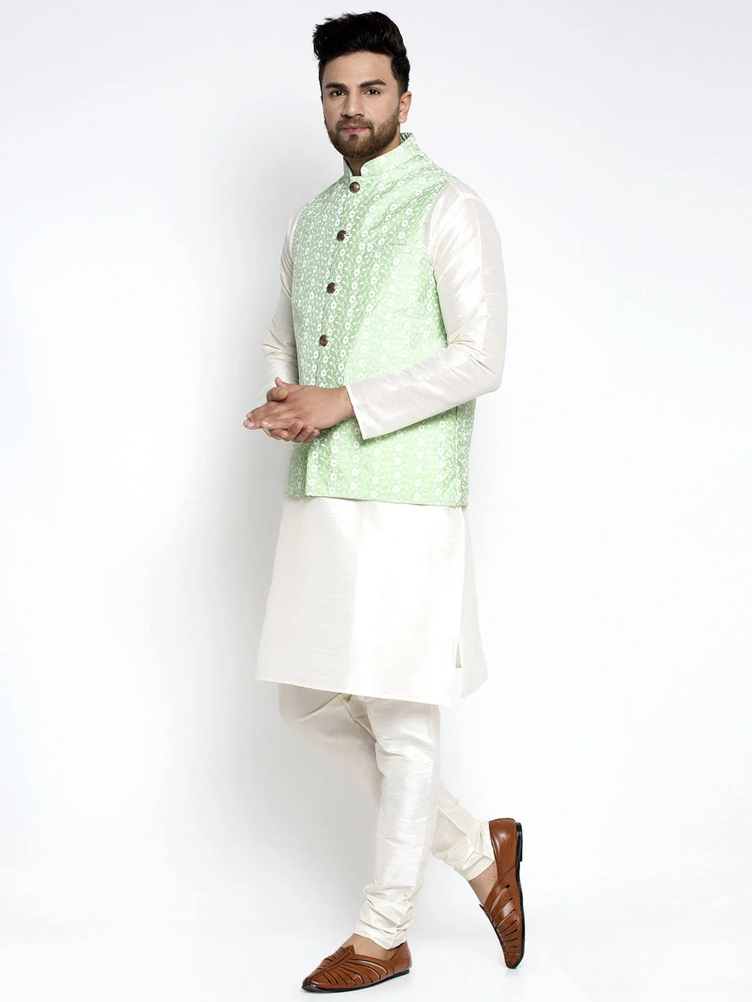 White Kurta Payjama with Embroidered Waistcoat | Mens Set