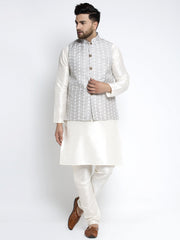 Men's Solid White Dupion Payjama with Embroidered Waistcoat