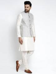 Men's Solid White Dupion Payjama with Embroidered Waistcoat