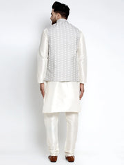 Men's Solid White Dupion Payjama with Embroidered Waistcoat