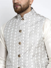 Men's Solid White Dupion Payjama with Embroidered Waistcoat