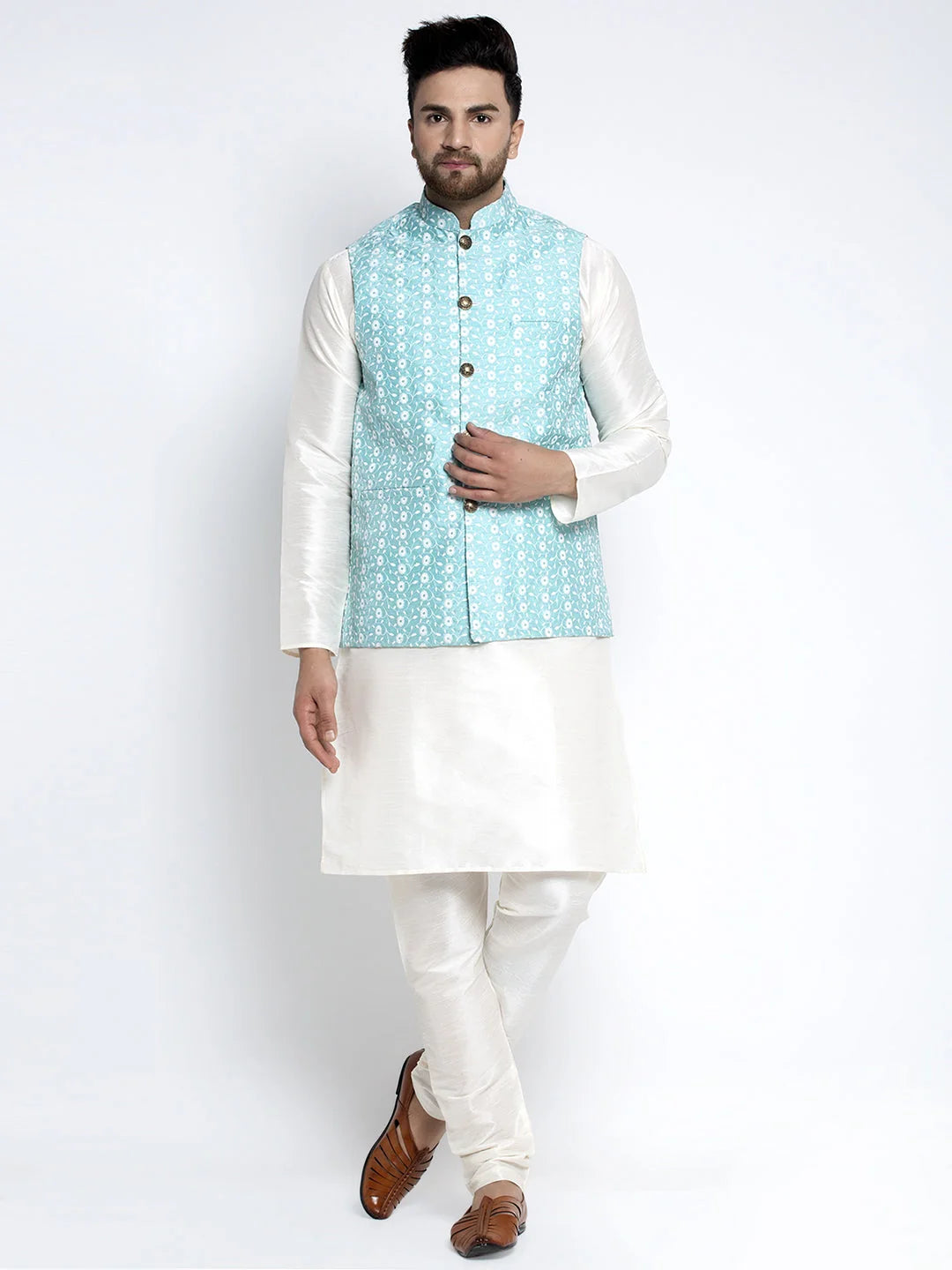Men's Solid White Dupion Kurta Payjama with Embroidered Waistcoat