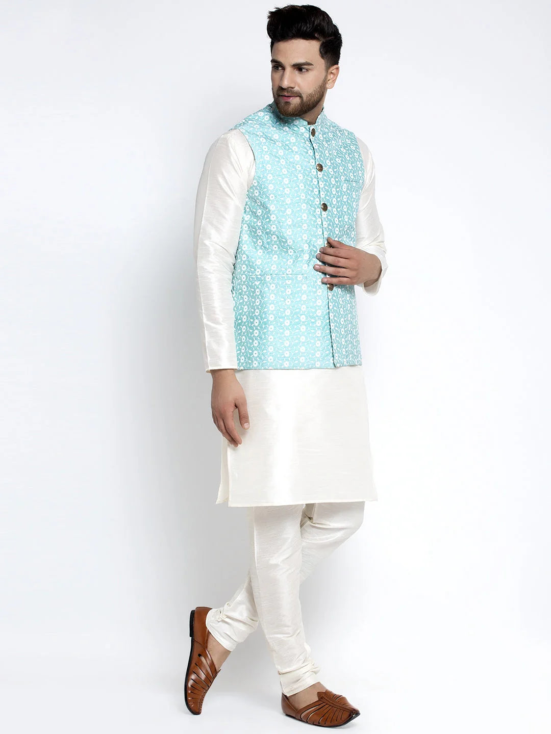 White Dupion Kurta Pajama with Embroidered Waistcoat | Mens
