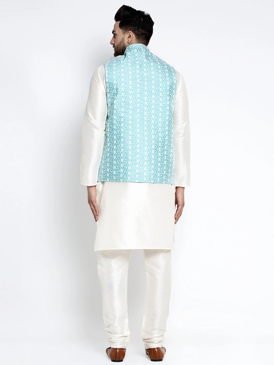 White Dupion Kurta Pajama with Embroidered Waistcoat | Mens