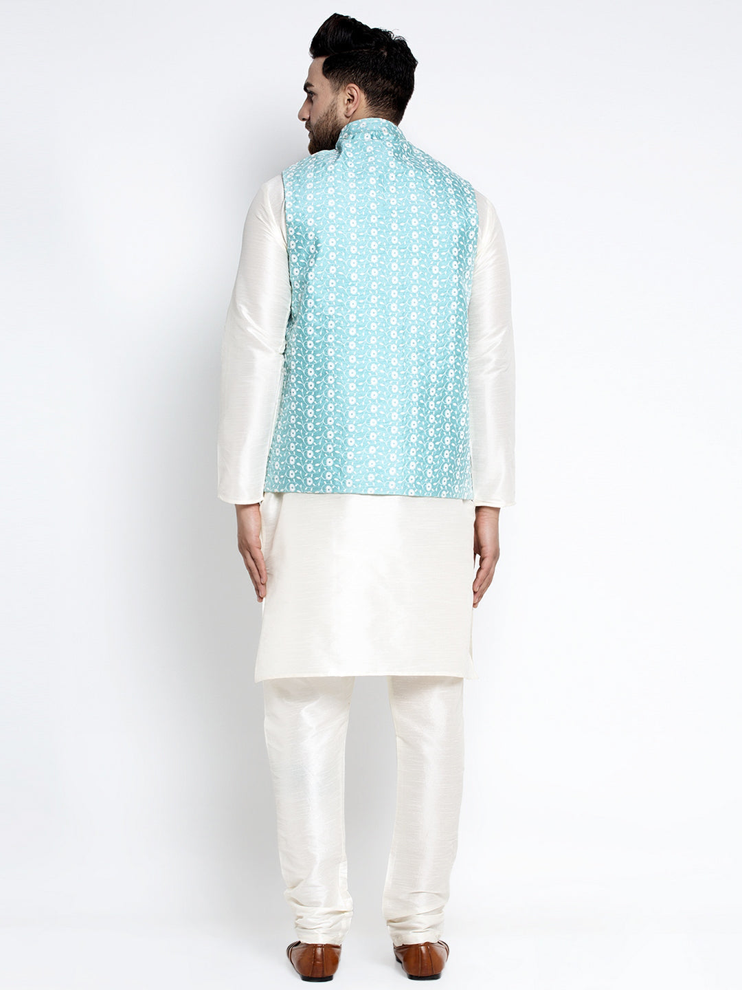White Dupion Kurta Pajama with Embroidered Waistcoat | Mens