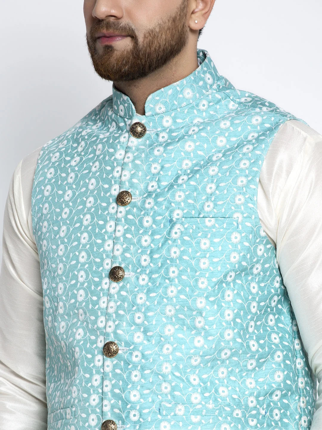 White Dupion Kurta Pajama with Embroidered Waistcoat | Mens