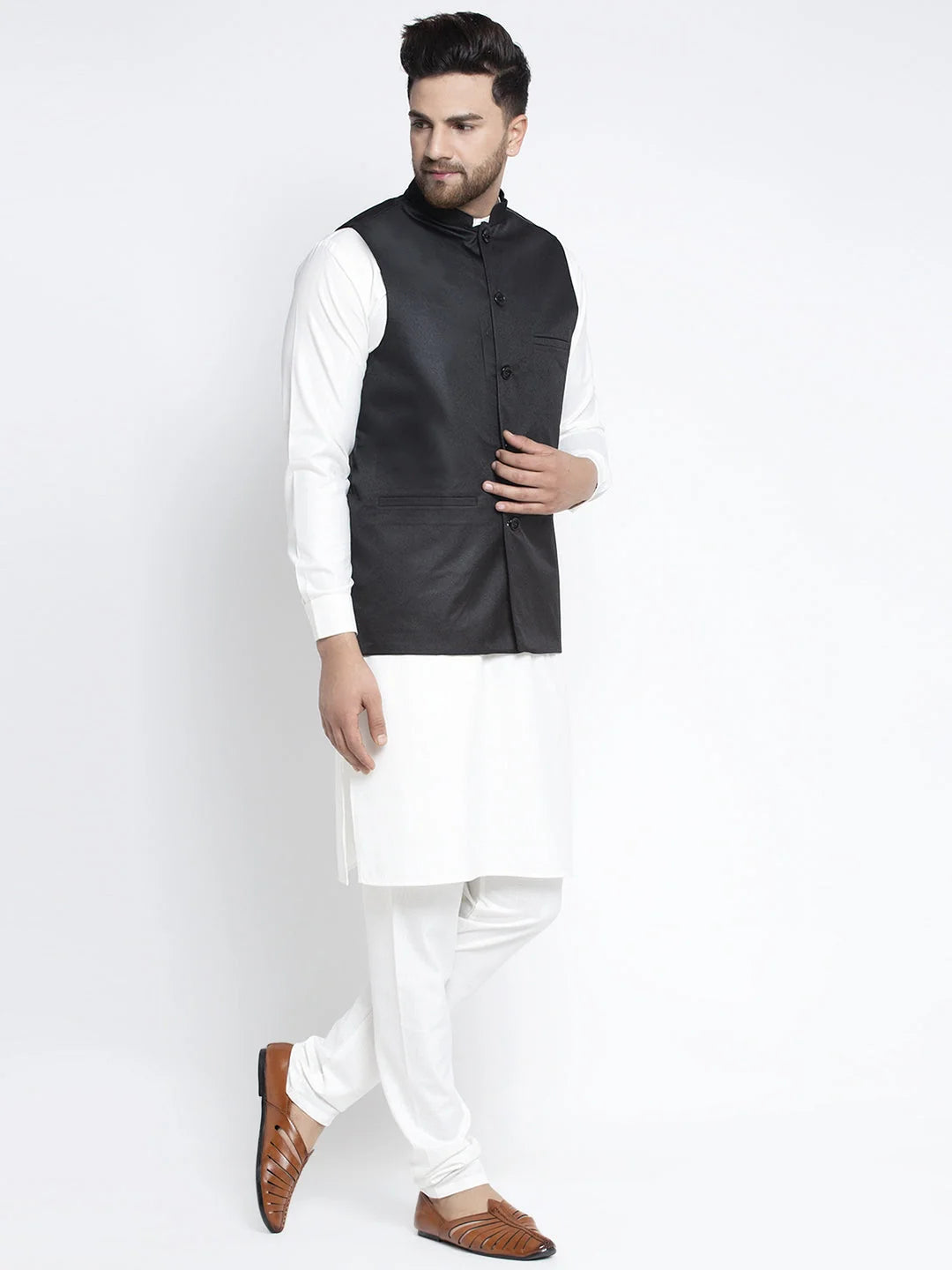 Solid White Kurta Pajama with Black Waistcoat | Mens Set