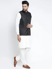 Men's Solid White Cotton Kurta Payjama with Solid Black Waistcoat