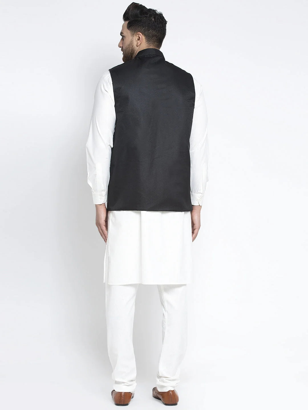 Solid White Kurta Pajama with Black Waistcoat | Mens Set
