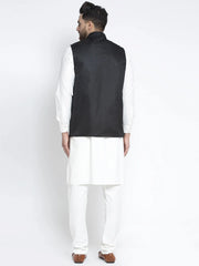 Men's Solid White Cotton Kurta Payjama with Solid Black Waistcoat