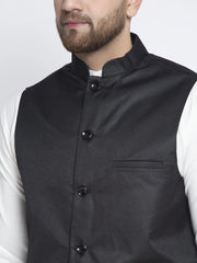 Men's Solid White Cotton Kurta Payjama with Solid Black Waistcoat