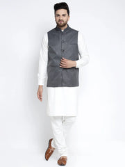 Men's Solid White Cotton Kurta Payjama with Solid Charcoal Waistcoat