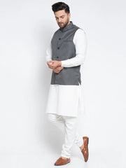 Men's Solid White Cotton Kurta Payjama with Solid Charcoal Waistcoat