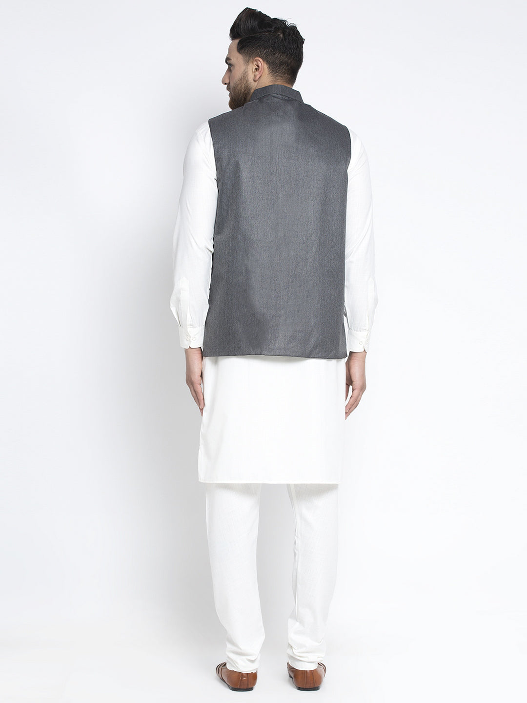 White Cotton Kurta Pajama Set with Charcoal Waistcoat | Mens