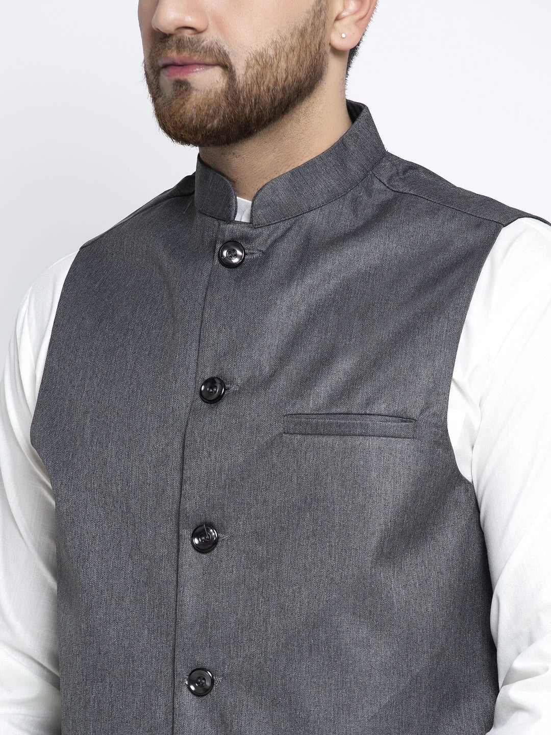 White Cotton Kurta Pajama Set with Charcoal Waistcoat | Mens