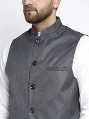 Men's Solid White Cotton Kurta Payjama with Solid Charcoal Waistcoat
