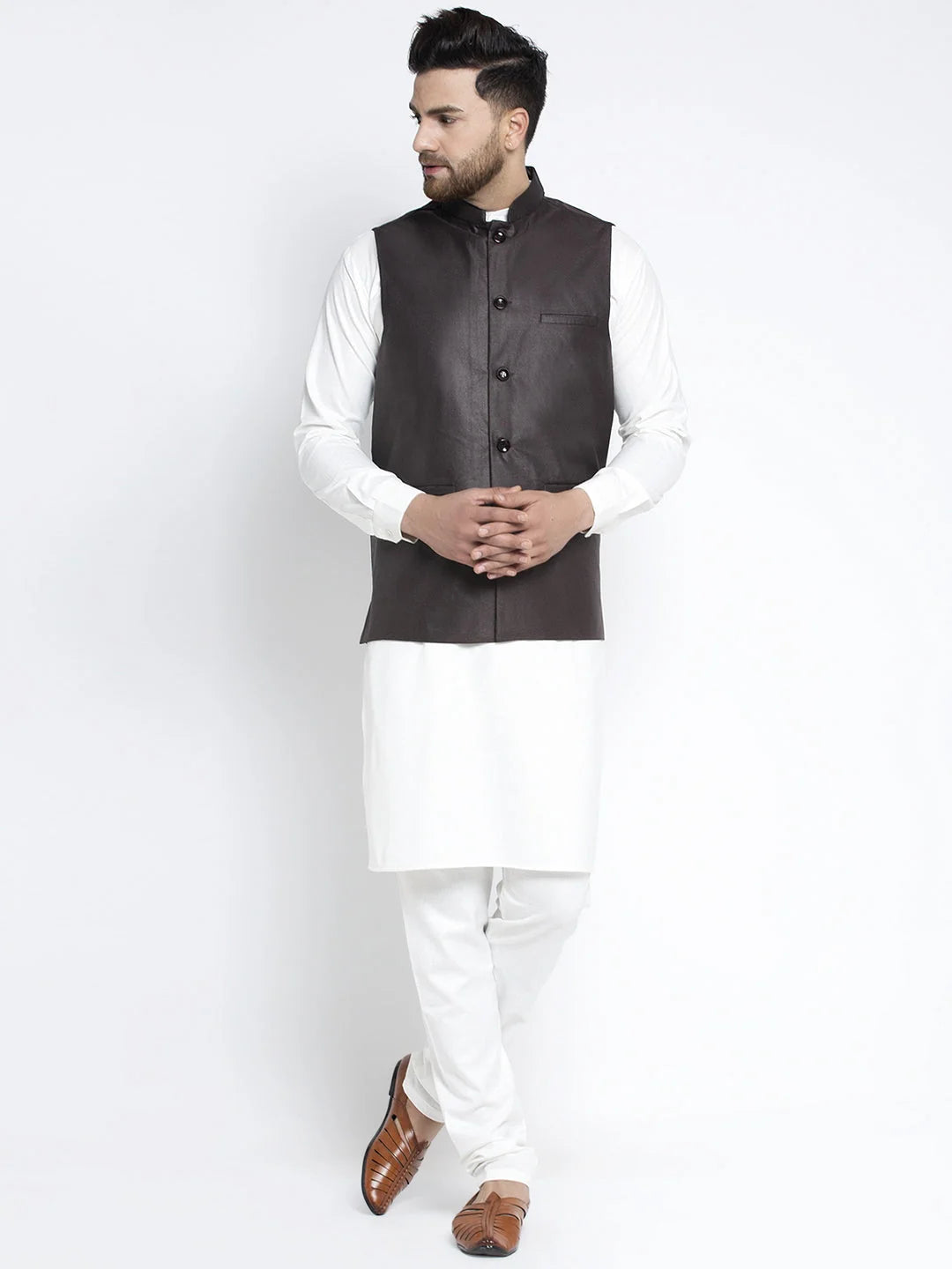 Coffee Waistcoat Mens Kurta Pajama Set | Solid White Cotton