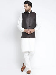 Men's Solid White Cotton Kurta Payjama with Solid Coffee Waistcoat